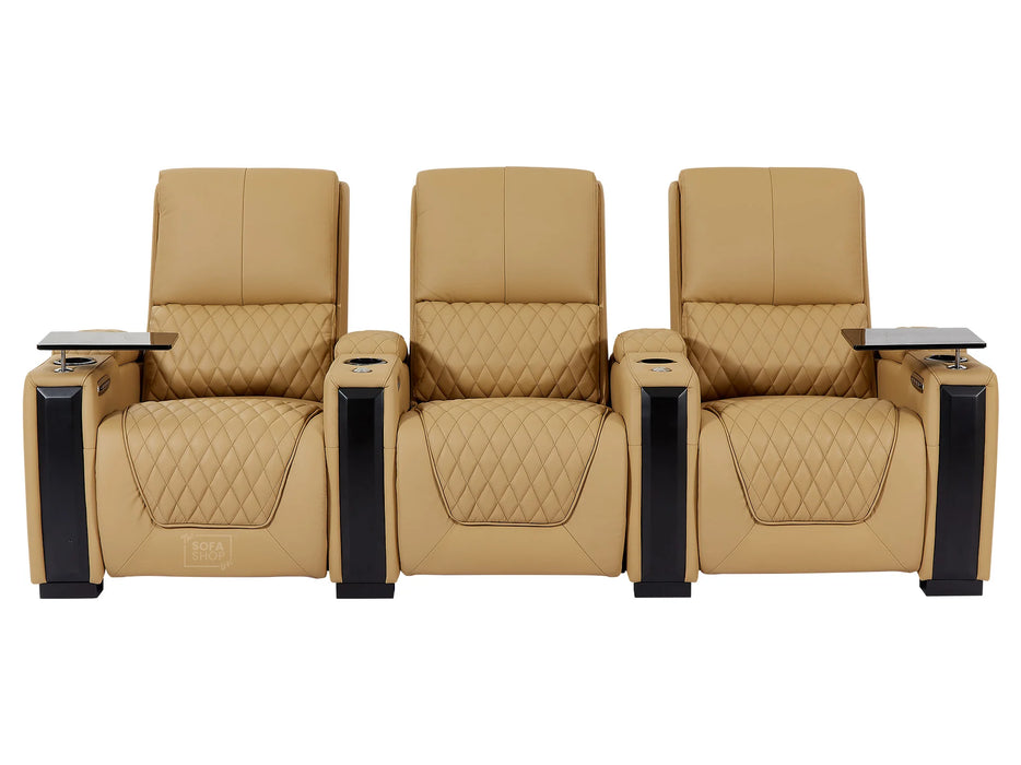 3+1 Electric Reclining Home Cinema Sofa Set | Tan Real Leather Couch Suite with USB Charging Ports, LED & Table | Assisi | The Sofa Shop