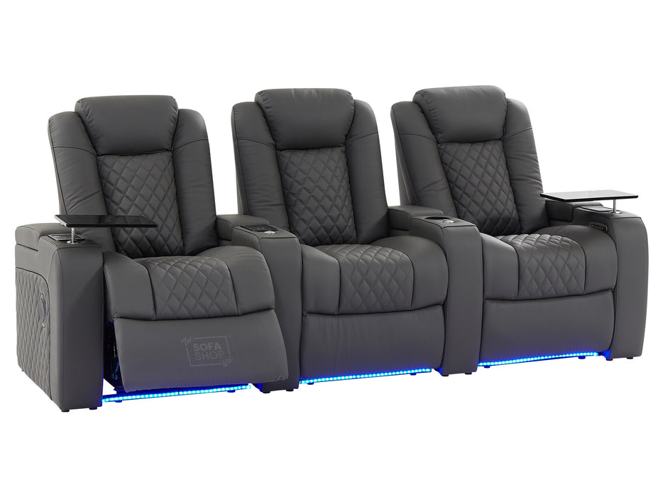 3 Seat Electric Recliner Home Cinema Theatre Sofa |  Real Leather Couch In Grey +  Chilled Cupholders + Console + Table + Power + USB + Power Lumbar |  Milano |  The Sofa Shop