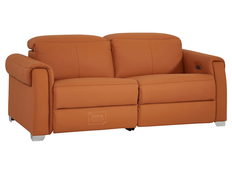 3 Seater Leather Recliner Sofa with USB Ports & Power Headrest | Orange Real Leather | Turin | Sofa Shop