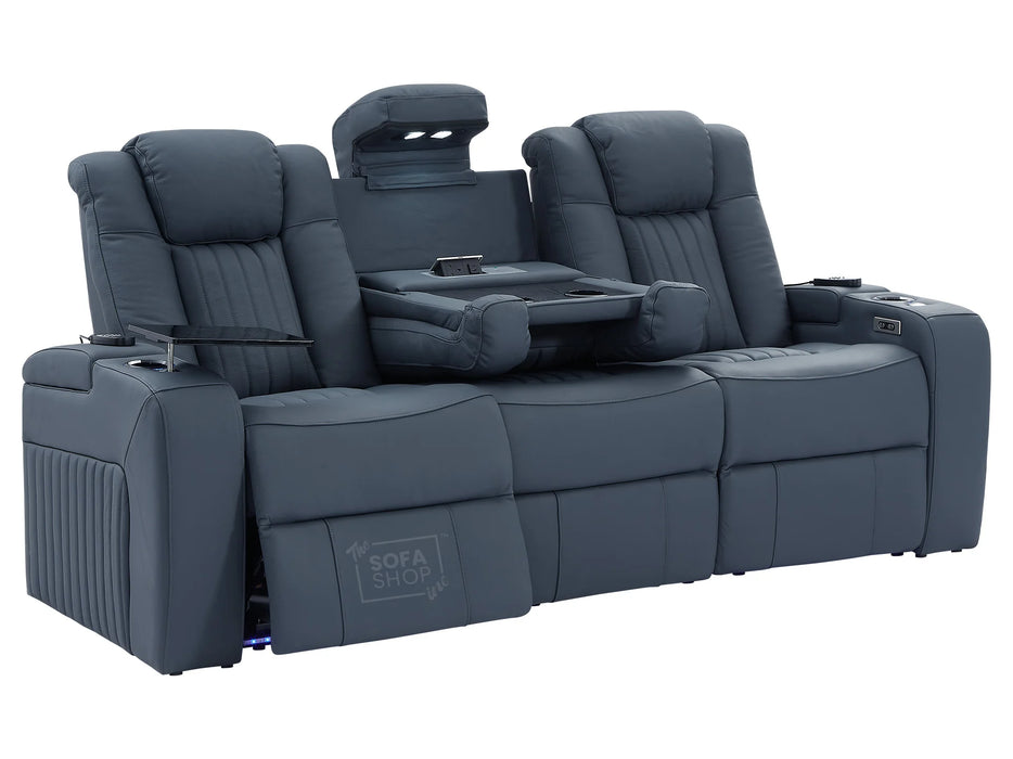 Electric Recliner Cinema Sofa Set 3 2 1 in Blue Real Leather with Cup Holders, Storage Boxes, and USB Ports - Capri