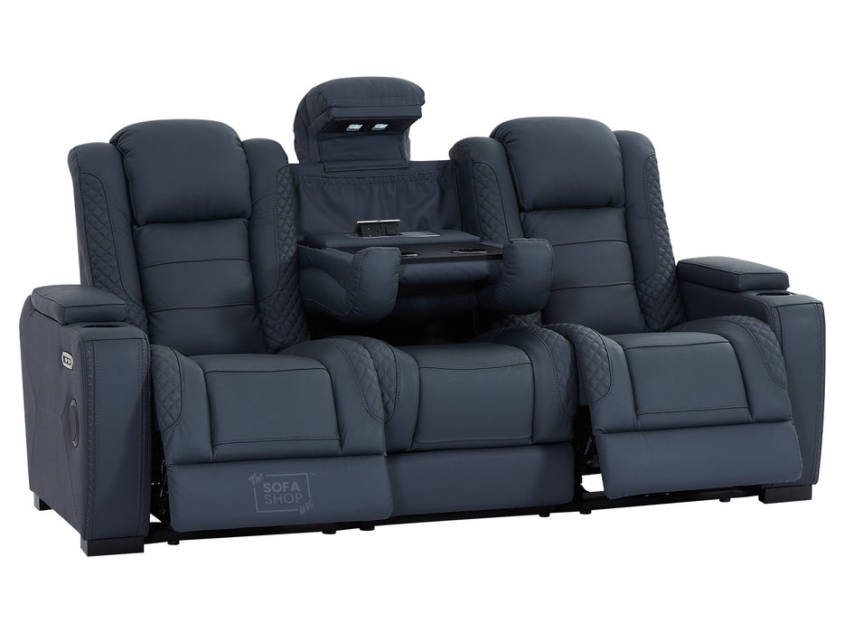 3 Seater Real Leather Sofa with Drop-Down Table, Cup Holders, LED Reading Light, Power Recliner, USB Ports, Bluetooth Speaker, Socket Set & Storage Box | Blue Leather | Napoli | The Sofa Shop