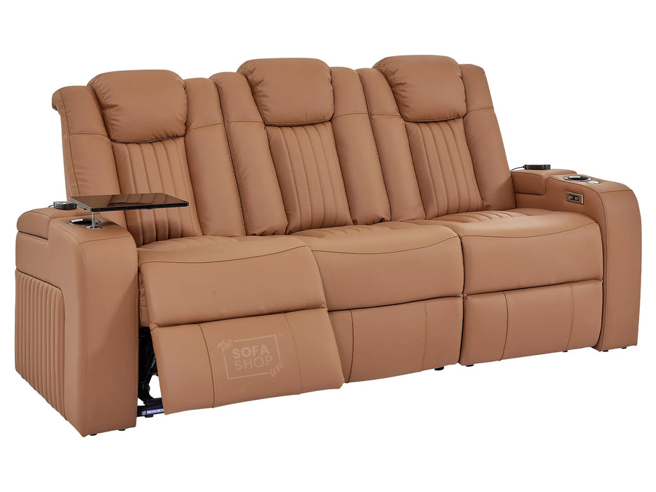 3 Seater Power Recliner Sofa with USB Charging, Cup Holders, Storage, LED Lights & Massage | Tan Leather Aire | Capri | The Sofa Shop