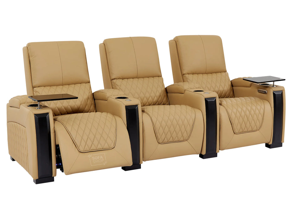 3+1 Electric Reclining Home Cinema Sofa Set | Tan Real Leather Couch Suite with USB Charging Ports, LED & Table | Assisi | The Sofa Shop