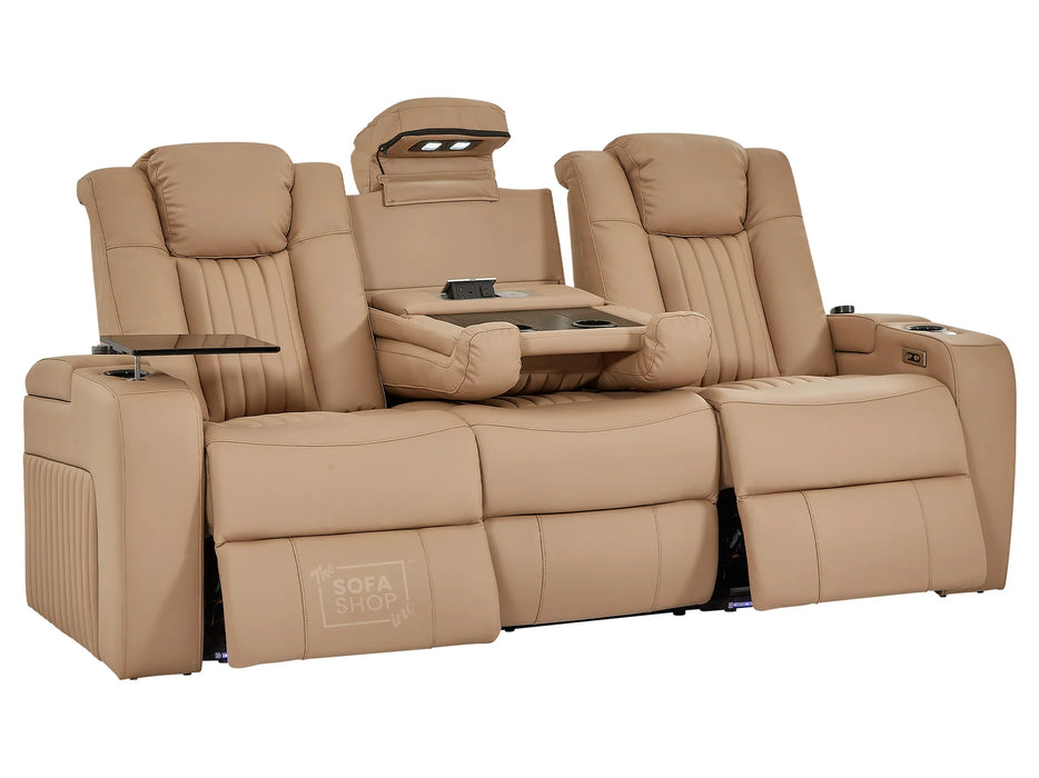 3+1 Smart Reclining Sofa Package | 2 Piece Power Home Theatre Couch in Camel Leather Aire with Massage, LED Cupholders & Table | Capri | The Sofa Shop