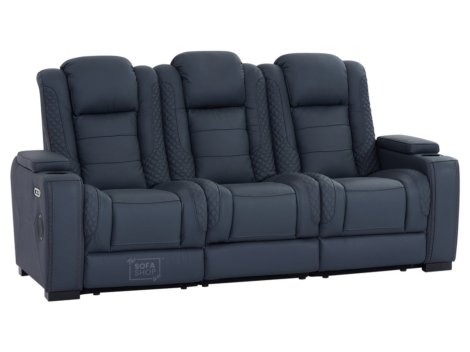 3+2 Seater Real Leather Sofa Package with Drop-Down Table, Cup Holders, LED Reading Light, Power Recliner, USB Ports, Bluetooth Speaker, Socket Set & Storage | Blue Leather | Napoli | The Sofa Shop