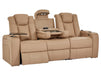 3+1 Smart Reclining Sofa Package | 2 Piece Power Home Theatre Couch in Camel Leather Aire with Massage, LED Cupholders & Table | Capri | The Sofa Shop