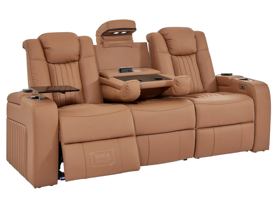 3 Seater Power Recliner Sofa with USB Charging, Cup Holders, Storage, LED Lights & Massage | Tan Leather Aire | Capri | The Sofa Shop