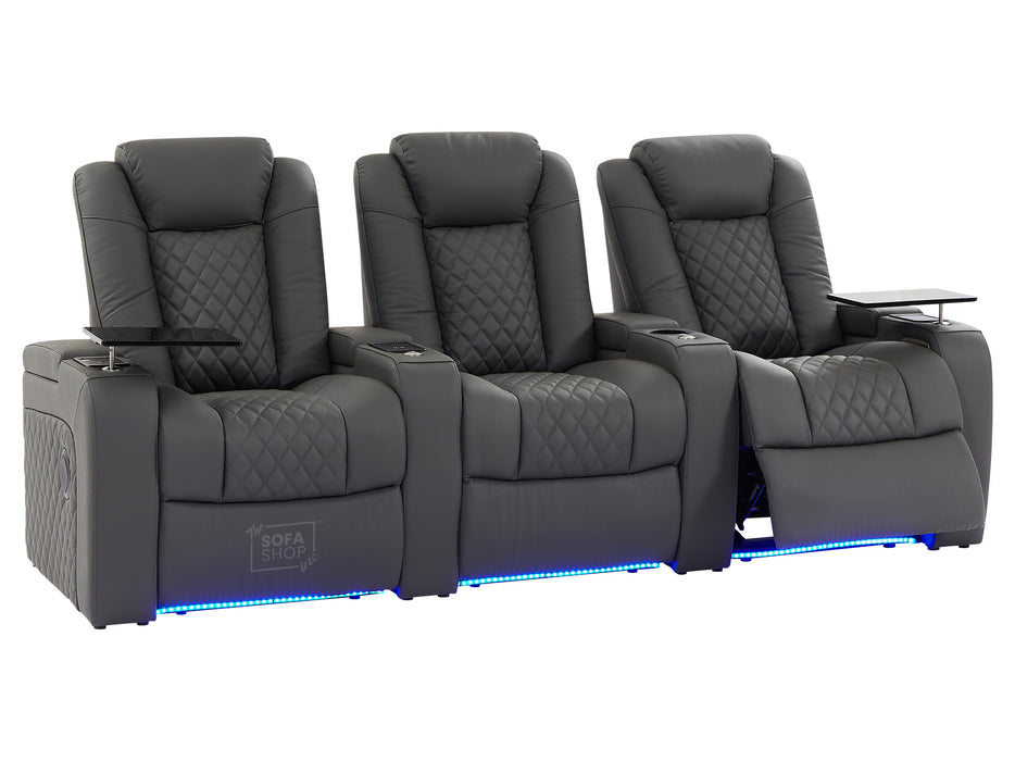 3 Seat Electric Recliner Home Cinema Theatre Sofa |  Real Leather Couch In Grey +  Chilled Cupholders + Console + Table + Power + USB + Power Lumbar |  Milano |  The Sofa Shop