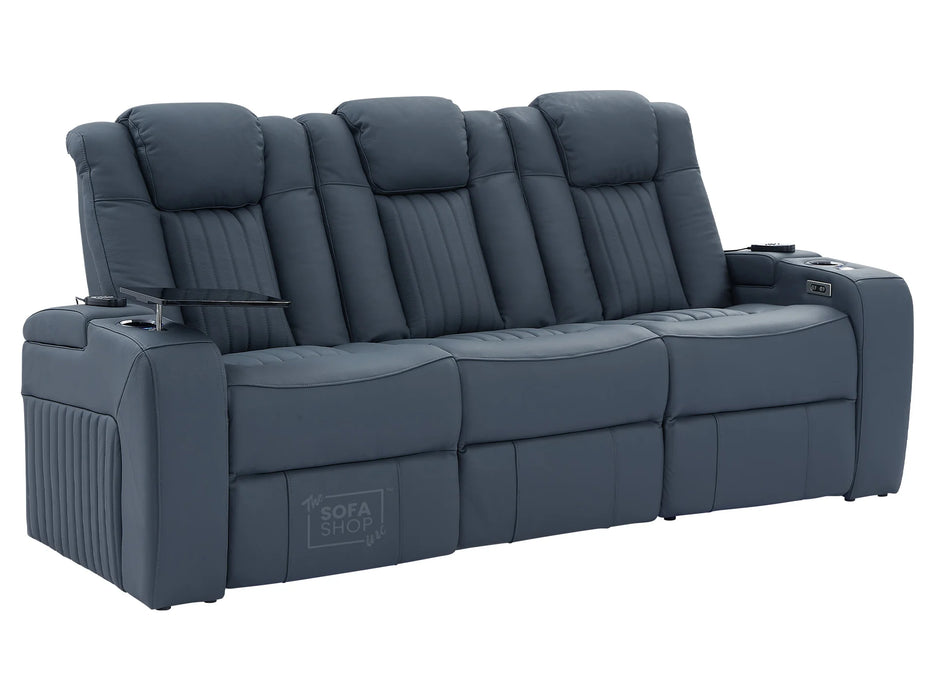 Electric Recliner Cinema Sofa Set 3 2 1 in Blue Real Leather with Cup Holders, Storage Boxes, and USB Ports - Capri