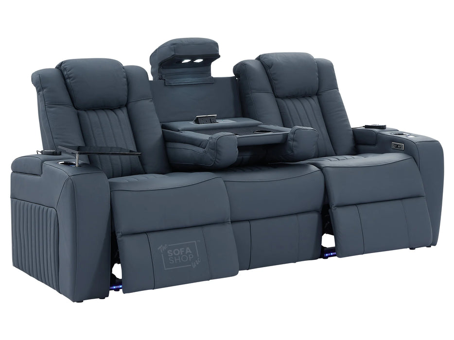 3 2 Electric Recliner Sofa Set with USB Ports, Drink Holders & Storage Boxes - Blue Real Leather 2 Piece Cinema Sofa - Capri