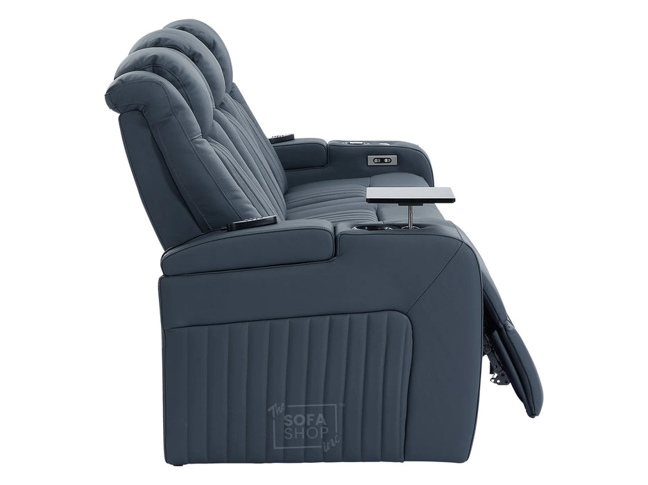 Electric Recliner Cinema Sofa 3 Seater in Blue Real Leather with USB Ports, Cup Holders, and Wireless Charger - Capri