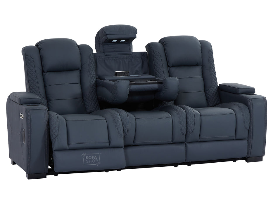 3+2 Seater Real Leather Sofa Package with Drop-Down Table, Cup Holders, LED Reading Light, Power Recliner, USB Ports, Bluetooth Speaker, Socket Set & Storage | Blue Leather | Napoli | The Sofa Shop