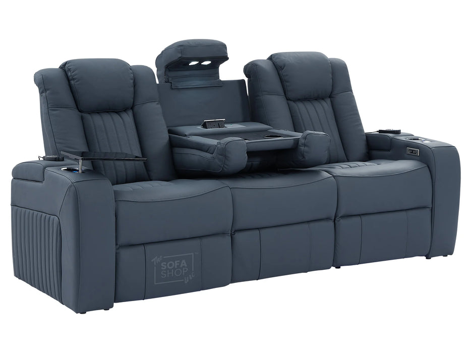 Electric Recliner Cinema Sofa 3 Seater in Blue Real Leather with USB Ports, Cup Holders, and Wireless Charger - Capri