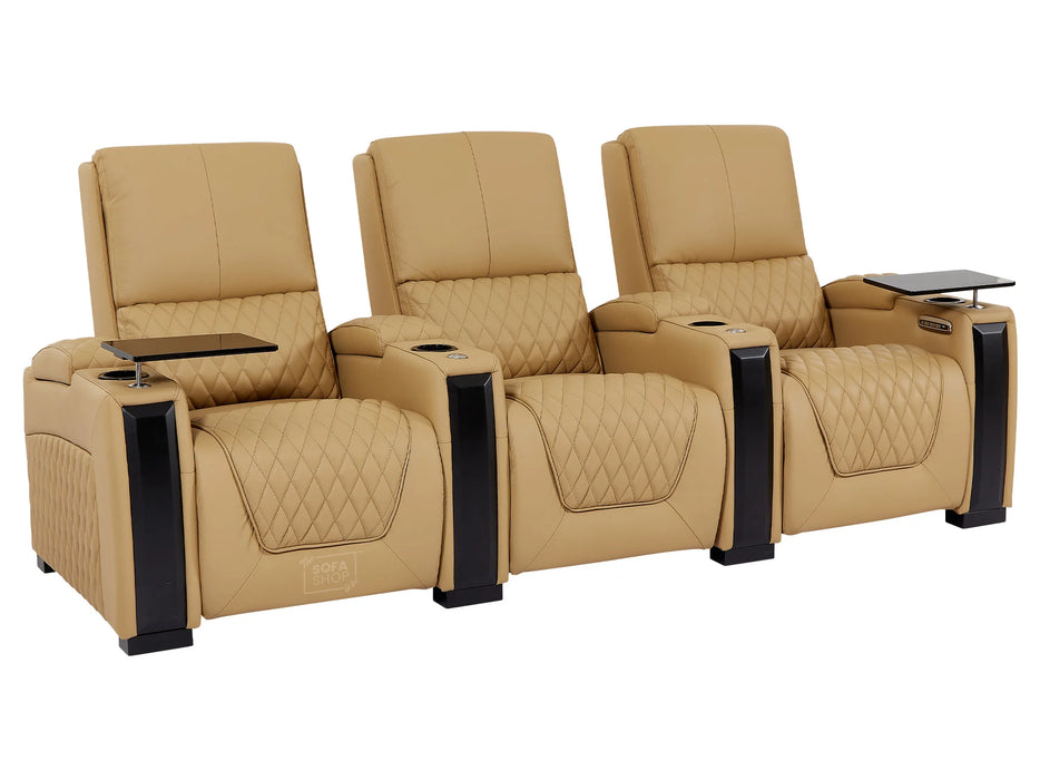 3+1 Electric Reclining Home Cinema Sofa Set | Tan Real Leather Couch Suite with USB Charging Ports, LED & Table | Assisi | The Sofa Shop