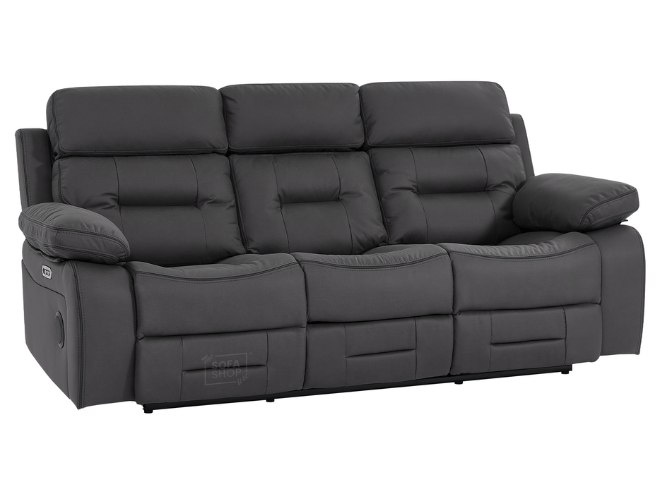 3+2 Seater Grey Fabric Sofas with Drop-Down Table, Power Headrest, Power Recliner, Bluetooth, Socket Set, Storage Drawer, USB & Wireless Charging | Grey Fabric | Sicily | The Sofa Shop