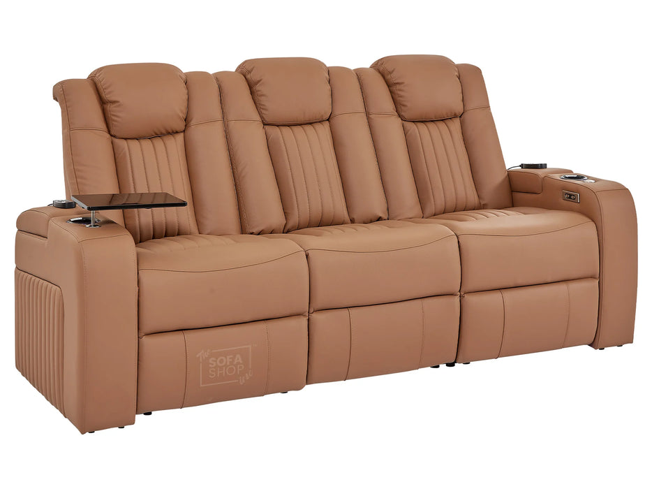 3+2 Smart Recliner Sofa Set | Tan Leather Aire Power Reclining Sofa Suite with Drop-Down Table, Massage, USB & LED | Capri | The Sofa Shop