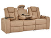 3+1 Smart Reclining Sofa Package | 2 Piece Power Home Theatre Couch in Camel Leather Aire with Massage, LED Cupholders & Table | Capri | The Sofa Shop