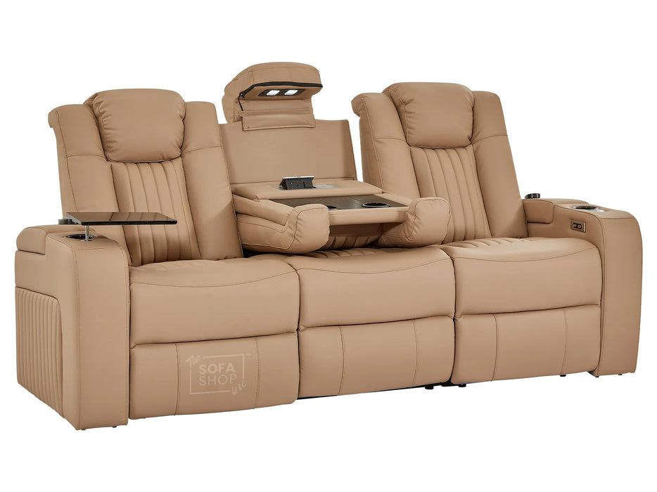 3+1 Smart Reclining Sofa Package | 2 Piece Power Home Theatre Couch in Camel Leather Aire with Massage, LED Cupholders & Table | Capri | The Sofa Shop