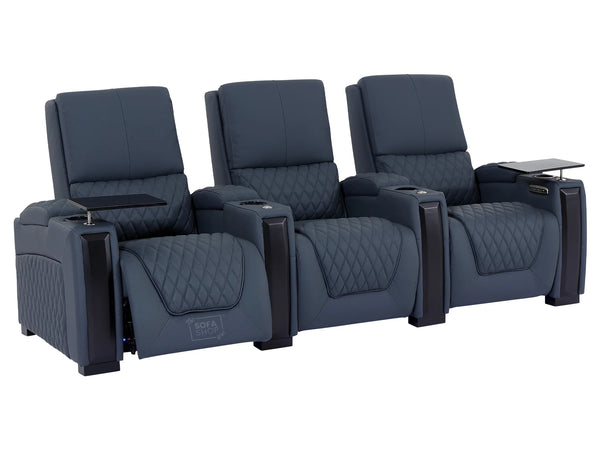 3 Seat Electric Recliner Home Cinema Theatre Sofa | Real Leather Couch in Blue + Storage Boxes + Soft LED Mood Lighting | Assisi | The Sofa Shop