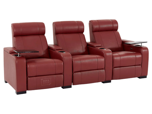 3 Seat Electric Recliner Home Cinema Theatre Sofa | Real Leather Couch in Red + Chilled Cupholders + Console + Storage + Power + USB + LED Lights | Rimini | The Sofa Shop