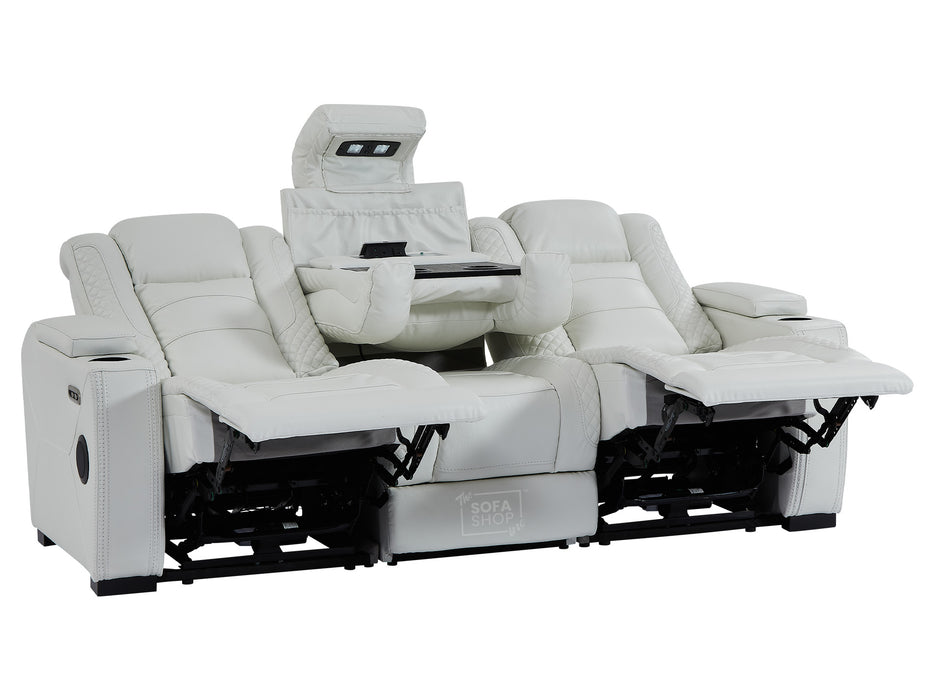 3 Seater Electric Recliner Sofa with Fold-Down Table, USB, Bluetooth Speaker, Storage & Chilled Cupholders | White Real Leather | Napoli | The Sofa Shop