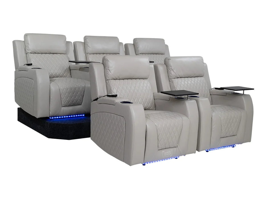 Row of 5 Electric Home Cinema Seats in Light Beige Leather Aire, With Recliner, Massage Seats, Removable Table, USB, Lights & Chilled Cupholders - Venice Series One