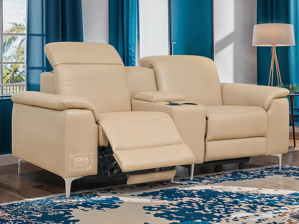 2 Seater Beige Leather Electric Recliner Sofa with Storage, Cup Holders & Usb Ports - Solero