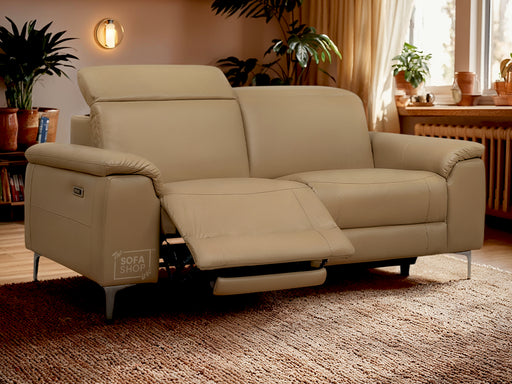 3 Seater Beige Leather Electric Recliner Sofa with Usb Ports - Solero