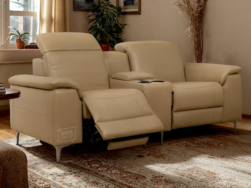 2 Seater Beige Leather Electric Recliner Sofa | Storage, Cup Holders & USB Ports | Solero | Sofa Sale