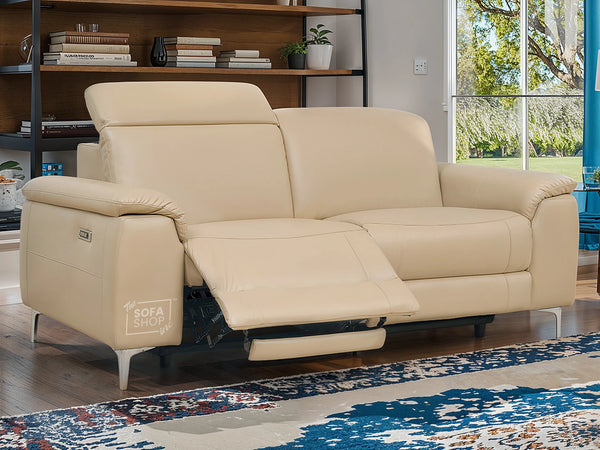 3 Seater Beige Leather Electric Recliner Sofa with Usb Ports - Solero