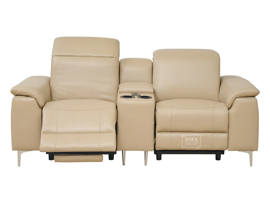 3 2 Electric Recliner Sofa Set. 2 Piece Recliner Sofa Package Suite in Beige Leather With USB Ports & Cooling Cup Holders- Solero