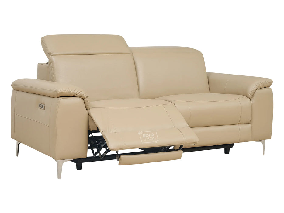 3 2 Electric Recliner Sofa Set. 2 Piece Recliner Sofa Package Suite in Beige Leather With USB Ports & Cooling Cup Holders- Solero