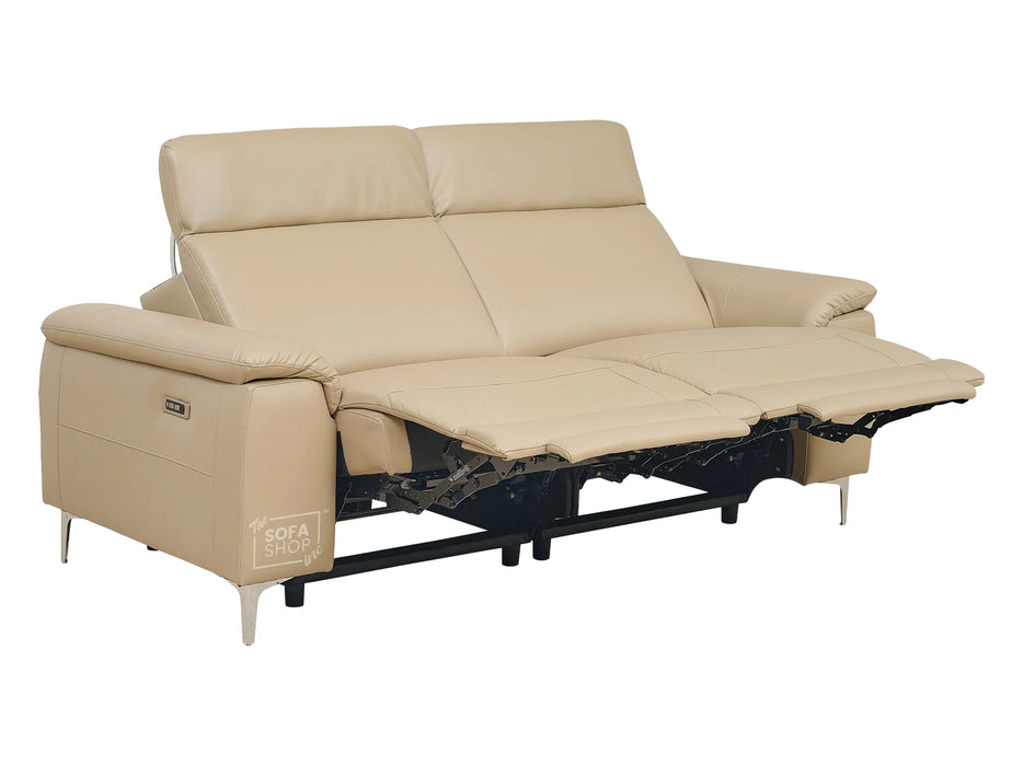 3 2 Electric Recliner Sofa Set. 2 Piece Recliner Sofa Package Suite in Beige Leather With USB Ports & Cooling Cup Holders- Solero