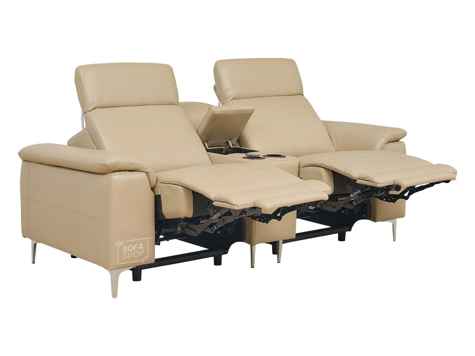 3 2 Electric Recliner Sofa Set. 2 Piece Recliner Sofa Package Suite in Beige Leather With USB Ports & Cooling Cup Holders- Solero