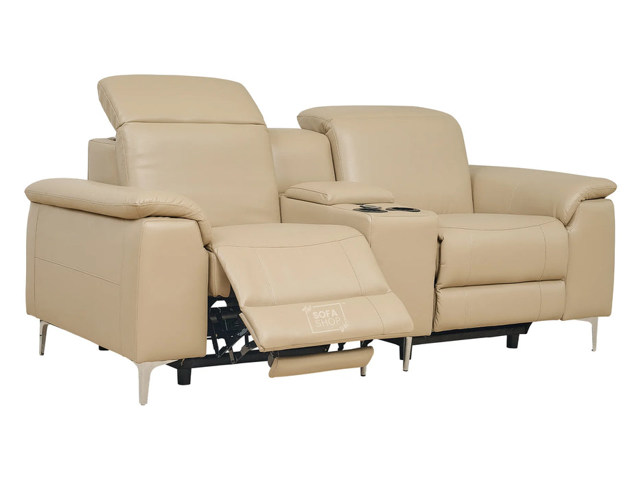 3 2 Electric Recliner Sofa Set. 2 Piece Recliner Sofa Package Suite in Beige Leather With USB Ports & Cooling Cup Holders- Solero