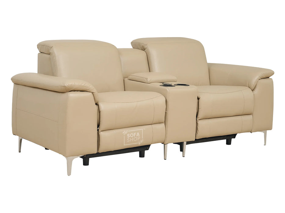 3 2 Electric Recliner Sofa Set. 2 Piece Recliner Sofa Package Suite in Beige Leather With USB Ports & Cooling Cup Holders- Solero