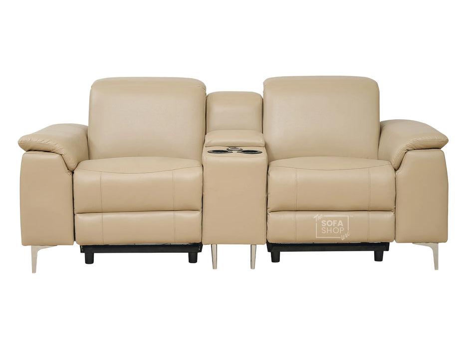 3 2 Electric Recliner Sofa Set. 2 Piece Recliner Sofa Package Suite in Beige Leather With USB Ports & Cooling Cup Holders- Solero