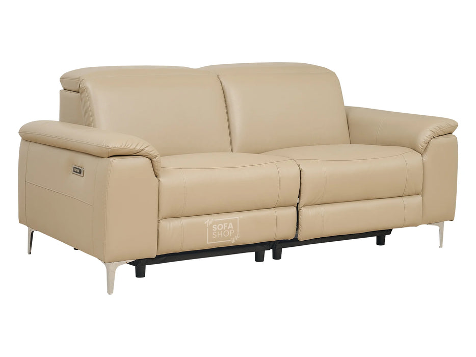 3 2 Electric Recliner Sofa Set. 2 Piece Recliner Sofa Package Suite in Beige Leather With USB Ports & Cooling Cup Holders- Solero