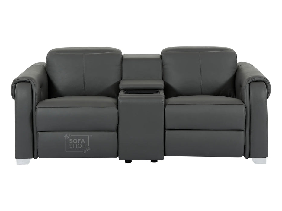 2 Seat Electric Recliner Home Cinema Theatre Sofa | Real Leather Couch in Grey + Cupholders + Console + Wireless Charger + USB | Turin | The Sofa Shop