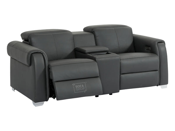 2 Seat Electric Recliner Home Cinema Theatre Sofa | Real Leather Couch in Grey + Cupholders + Console + Wireless Charger + USB | Turin | The Sofa Shop