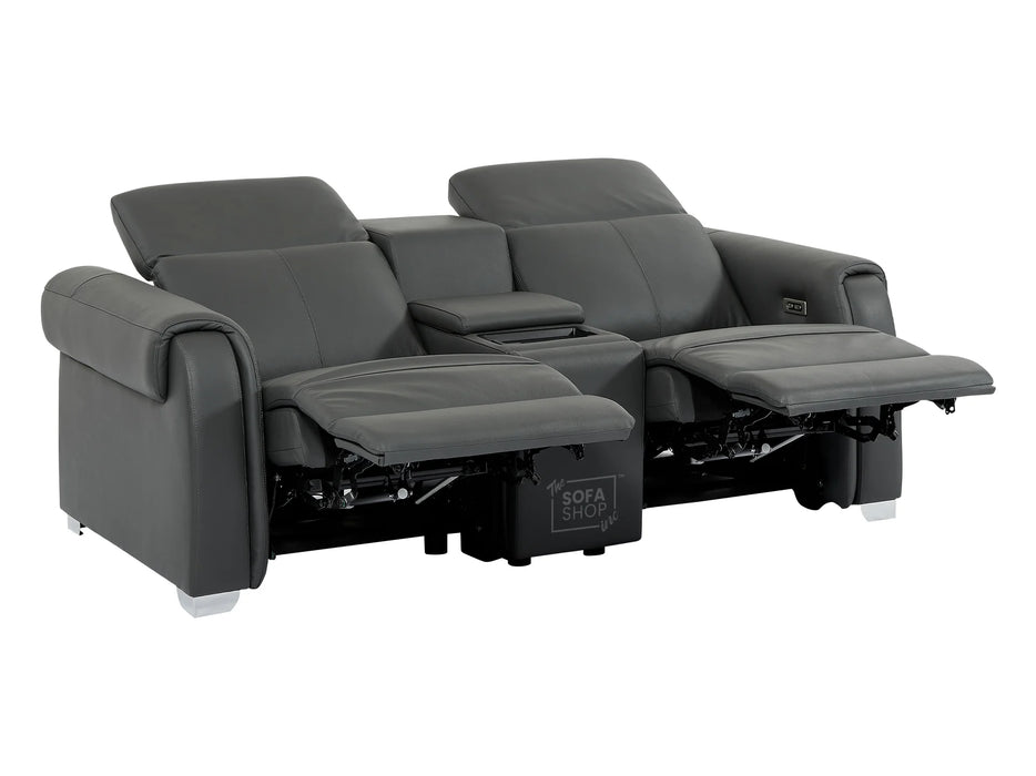 2 Seat Electric Recliner Home Cinema Theatre Sofa | Real Leather Couch in Grey + Cupholders + Console + Wireless Charger + USB | Turin | The Sofa Shop