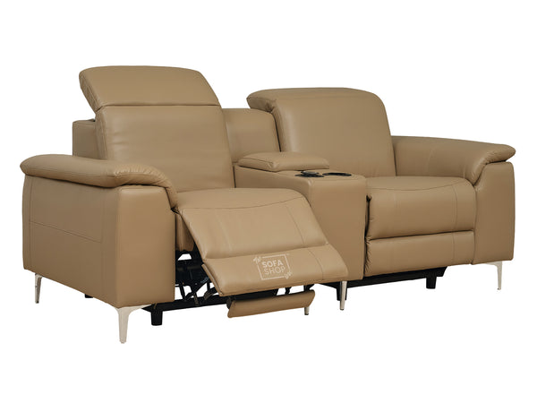 2 Seater Beige Leather Electric Recliner Sofa with Storage, Cup Holders & Usb Ports - Solero