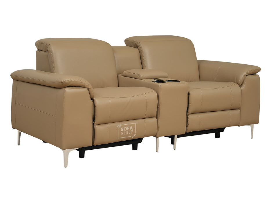 2 Seater Beige Leather Electric Recliner Sofa with Storage, Cup Holders & Usb Ports - Solero