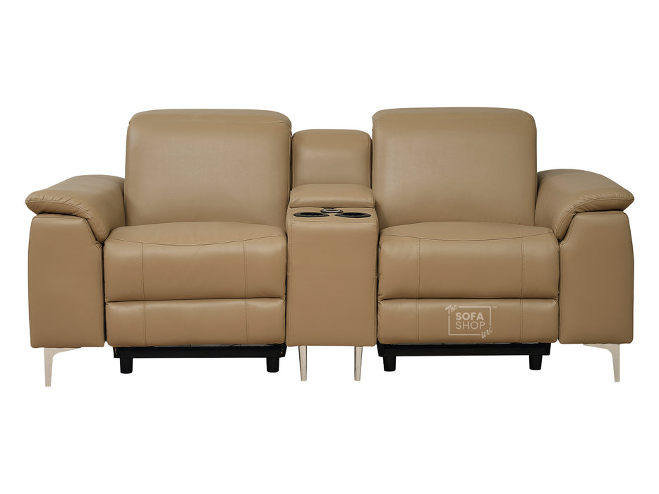 2 Seater Beige Leather Electric Recliner Sofa with Storage, Cup Holders & Usb Ports - Solero