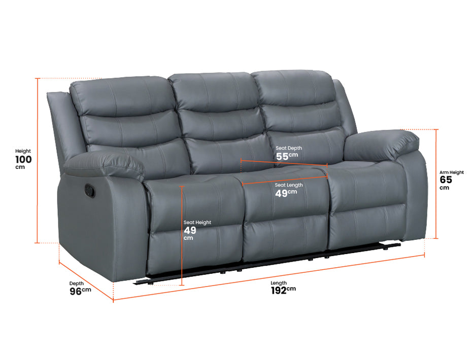 3 Seater Recliner Sofa in Grey Leather with Drop-Down Table & Cup Holders - Sorrento