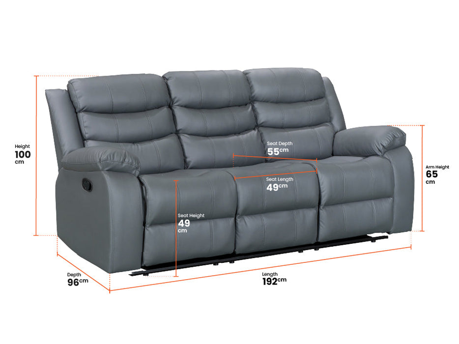 3 2 Recliner Sofa Set Plus Pouffe & Footstool in Grey Leather with Drop-Down Table & Drink Holders - Sorrento