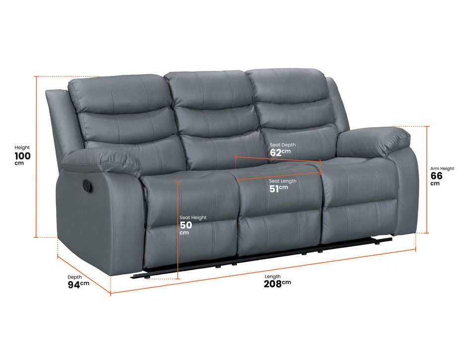 3 Seater Recliner Sofa in Grey Leather with Drop-Down Table & Cup Holders - Sortino