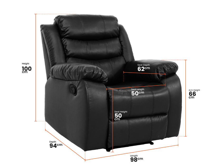 3 2 1 Recliner Sofa Set. 3 Piece Recliner Sofa Package Suite in Black Leather with Drop-Down Table & Drink Holders- Sortino