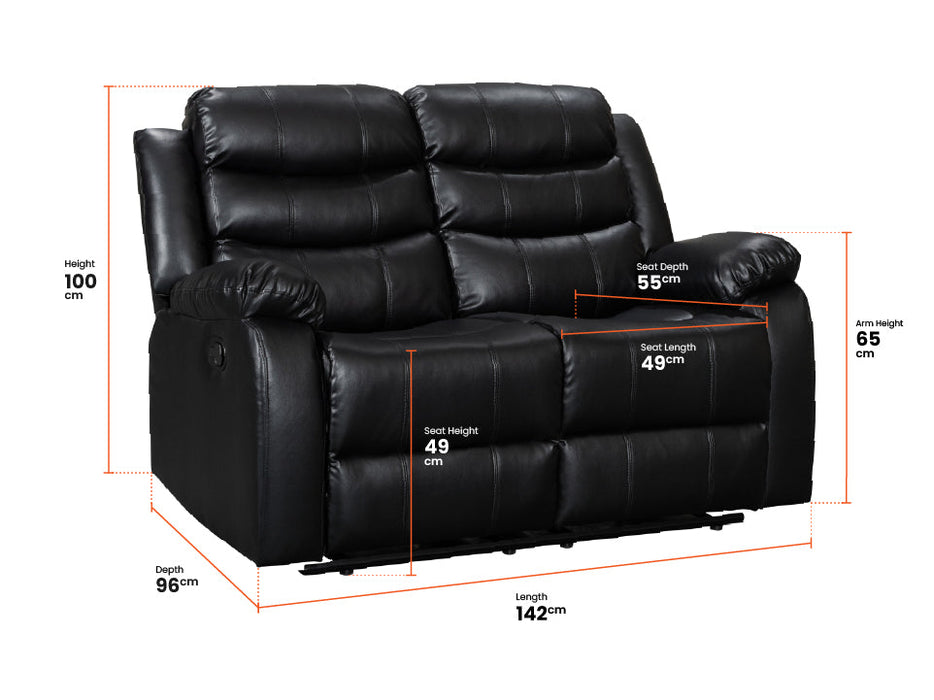 3 Piece Sofa Set - Recliner Sofa - 2+2+1 Seat Sofa Suite Package in Black Leather - Sorrento