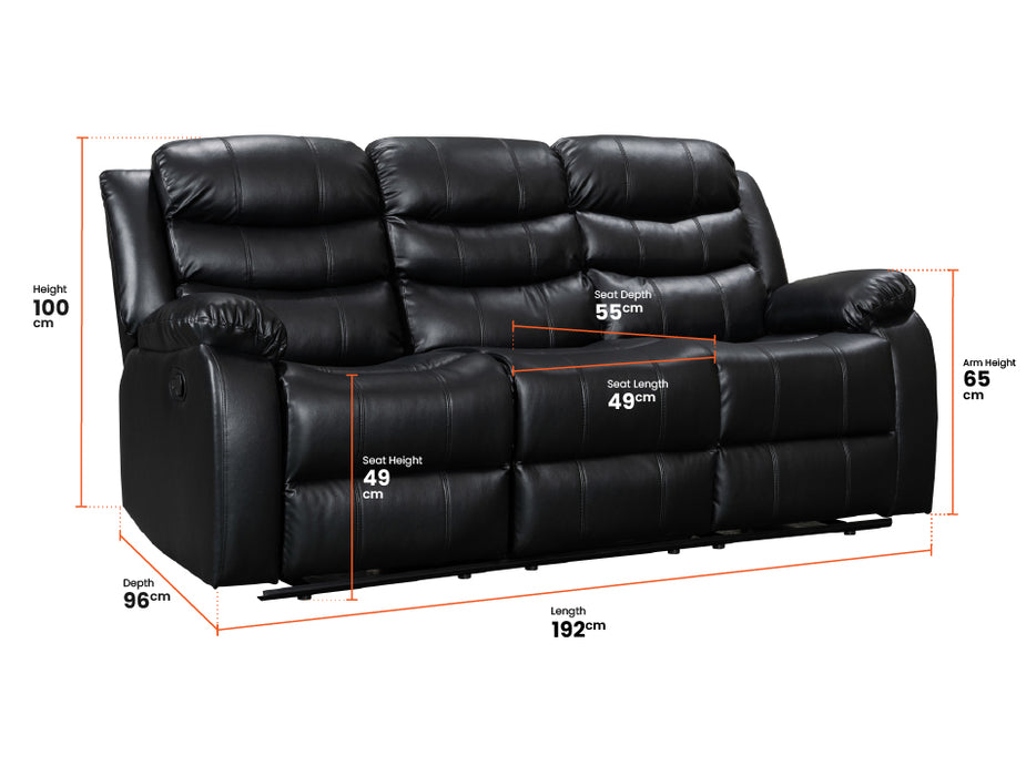 3+1 Recliner Sofa Set inc. Chair in Black Leather with Drop-Down Table & Cup Holders - 2 Piece Sorrento Sofa Set